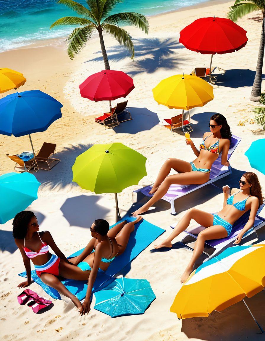 A luxurious beach scene showcasing diverse adults in the latest stylish swimwear, embracing playful poses under the sun. Include vibrant beach umbrellas, sparkling ocean waves, and scented tropical drinks on a sandy shore. The atmosphere feels indulgent and inviting, capturing the essence of summer fun and confident living. super-realistic. vibrant colors. 3D.