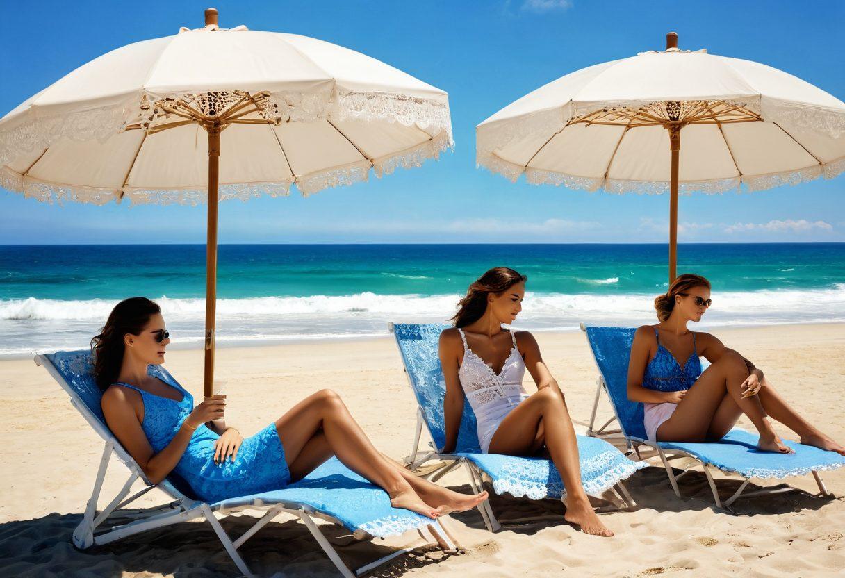 A serene seaside scene featuring elegantly dressed adults in stylish summer intimate apparel, lounging on a sandy beach under a bright blue sky. Include beach umbrellas and tasteful decor that reflect a sophisticated beach vibe. The focus should be on various fashionable pieces, highlighting lace, soft fabrics, and vibrant colors with a gentle ocean wave in the background. A sense of relaxation and summer luxury should permeate the image. vibrant colors. super-realistic.